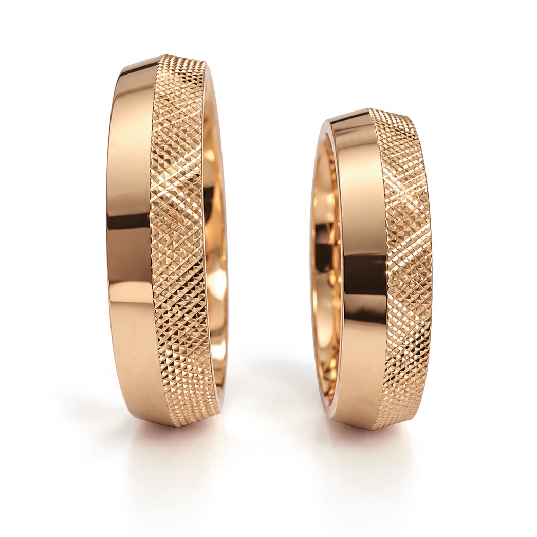 Crosshatch Gold Wedding Band Set · Rose Gold · Set · Side View