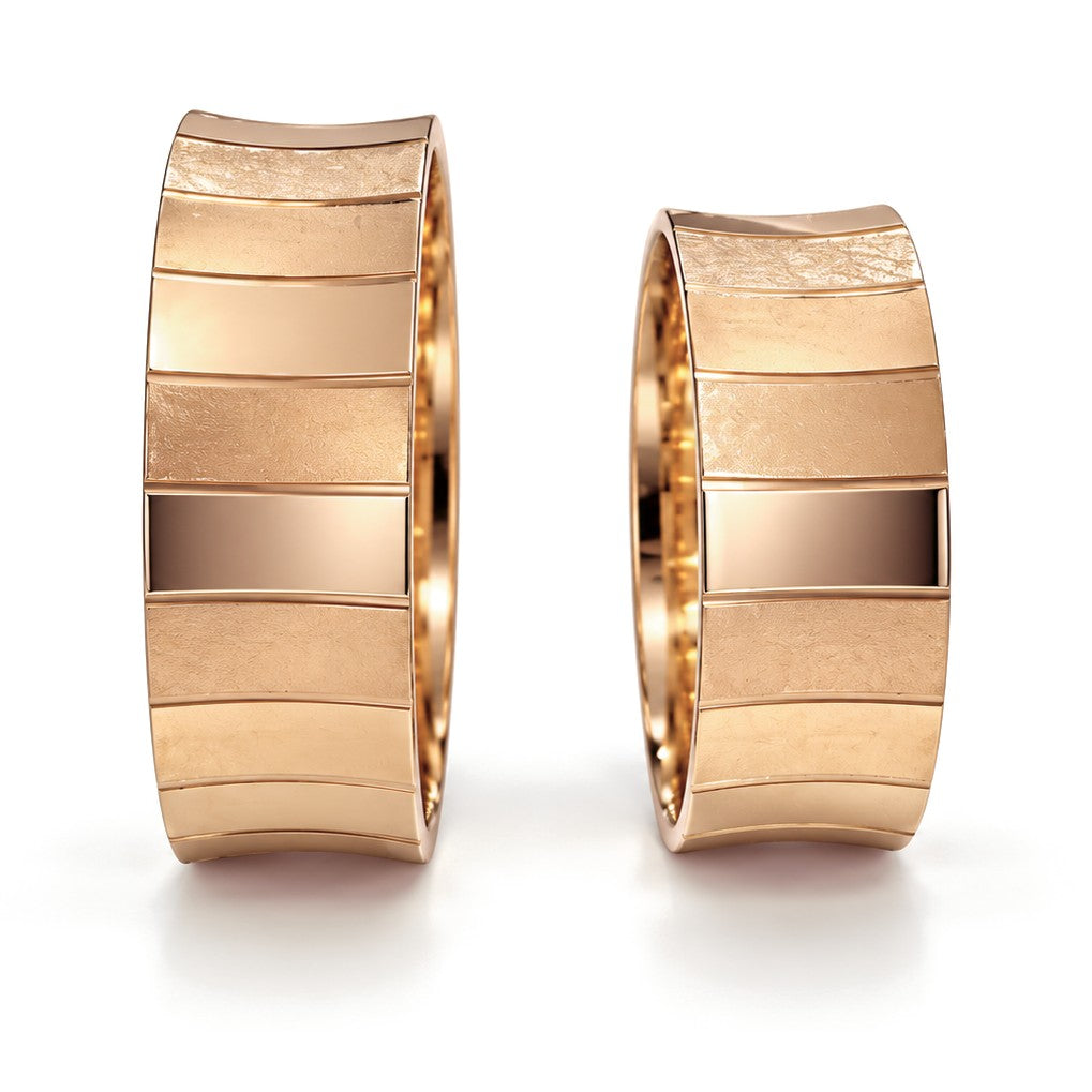 Concave Panel Gold Wedding Band Set · Rose Gold · Set · Side View