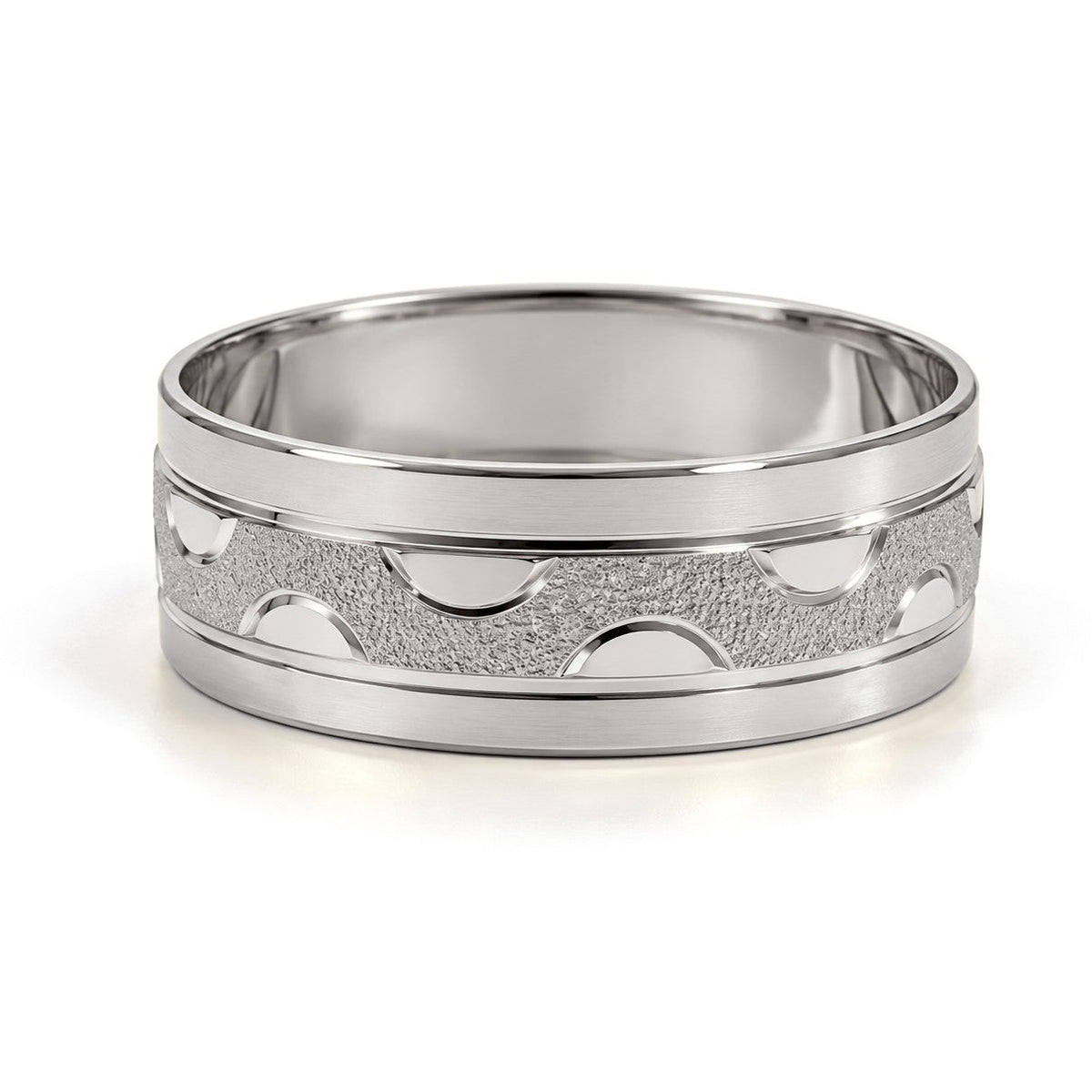 Frosted Half Moon Gold Wedding Band Set · White Gold · His Band