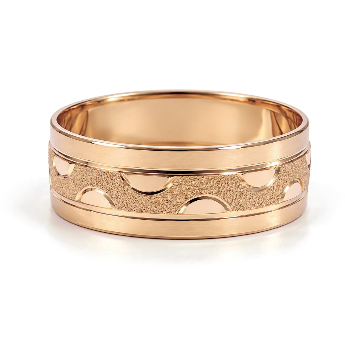 Frosted Half Moon Gold Wedding Band Set · Rose Gold · His Band