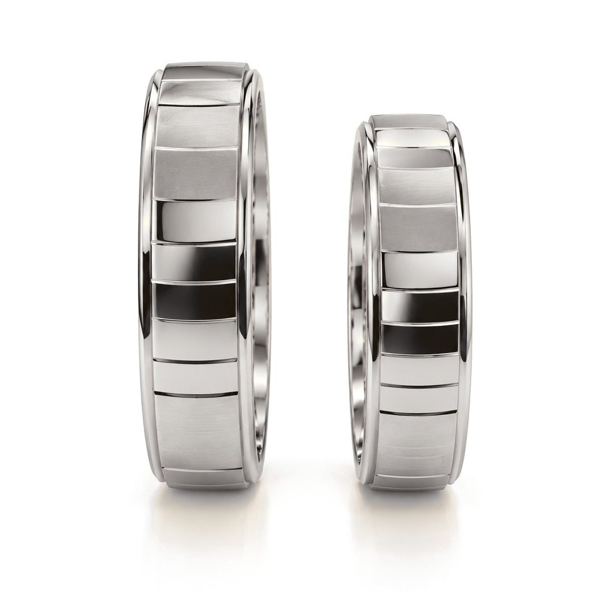 Brushed and Polished Panel Gold Wedding Band Set · White Gold · Set · Side View