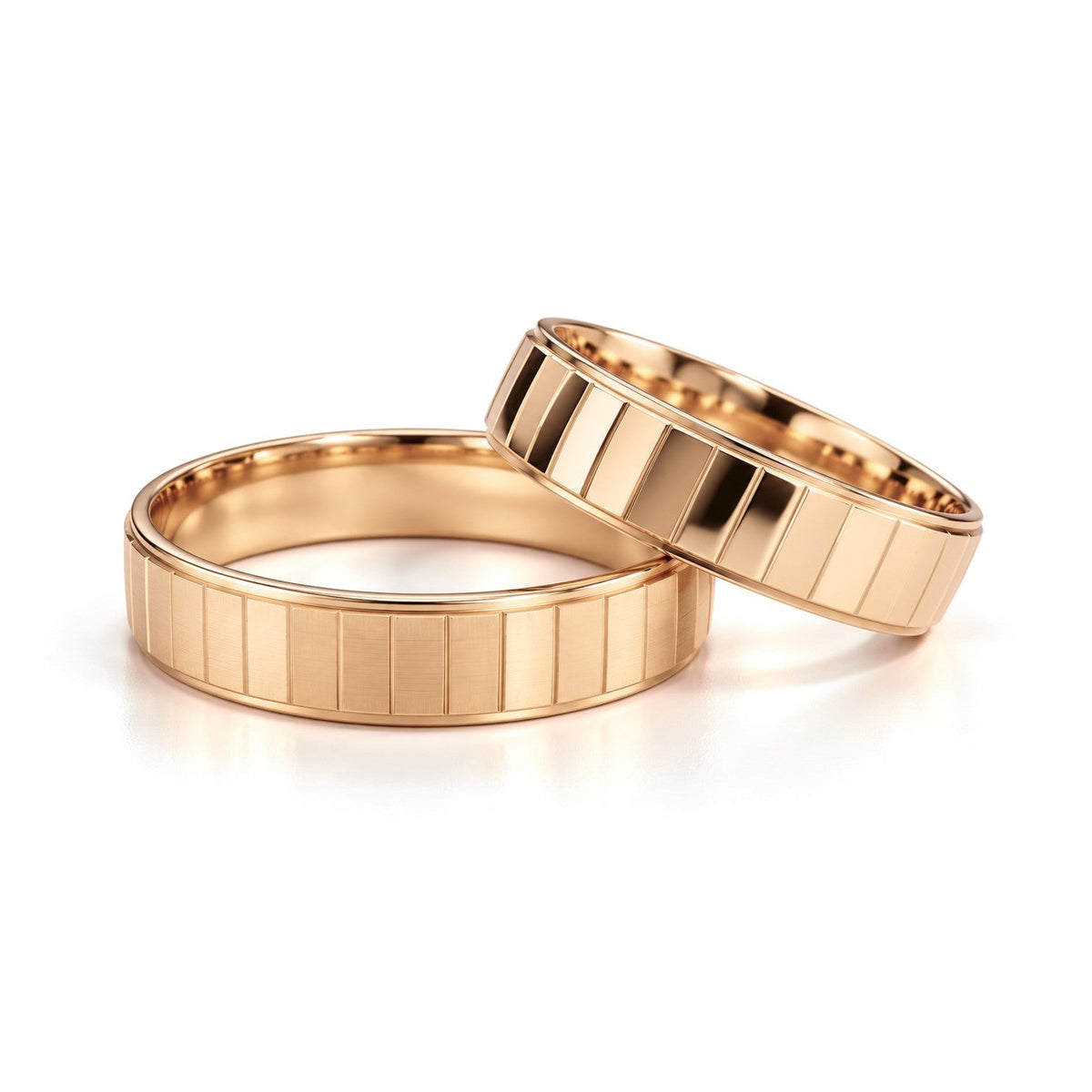 Brushed and Polished Panel Gold Wedding Band Set · Rose Gold · Set