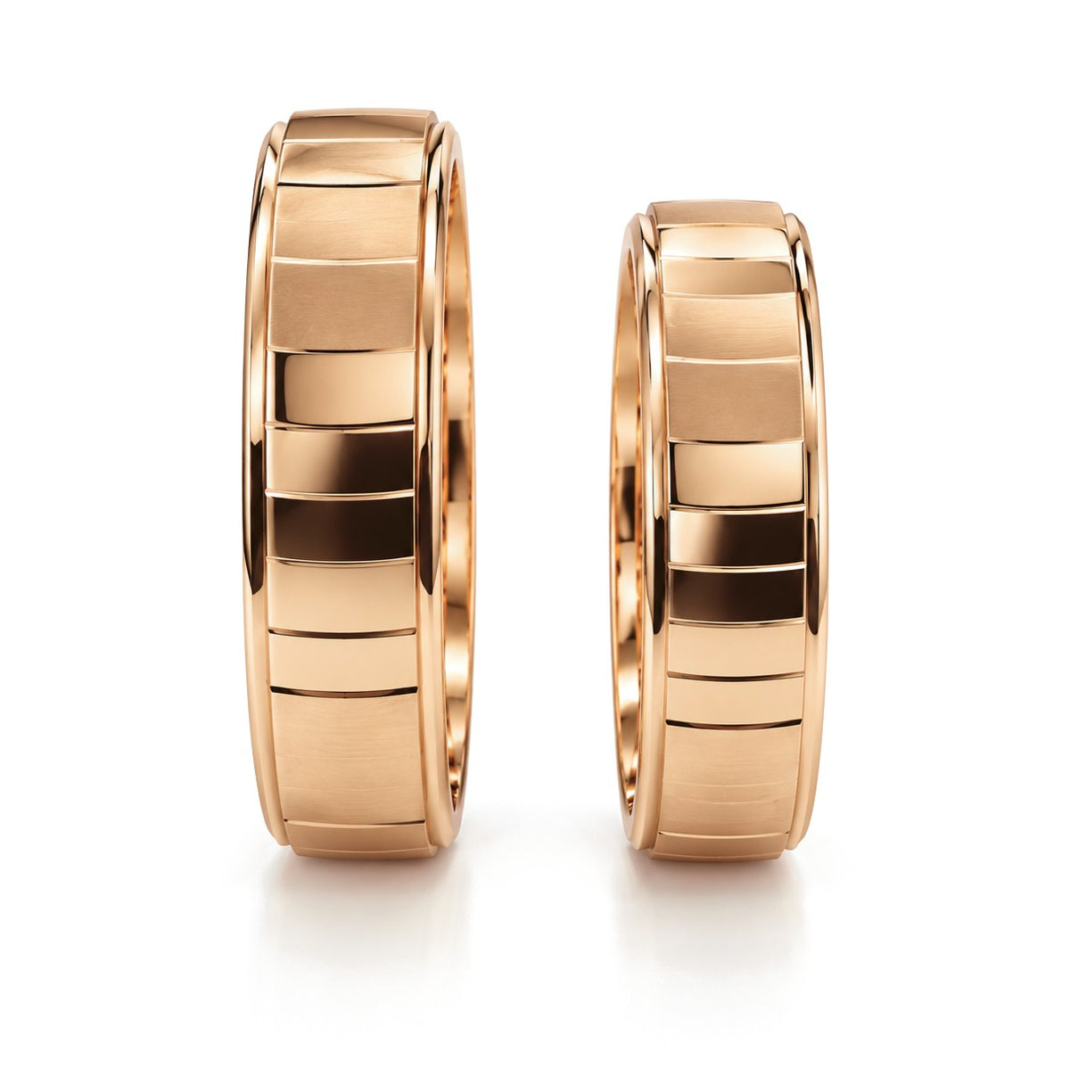 Brushed and Polished Panel Gold Wedding Band Set · Rose Gold · Set · Side View