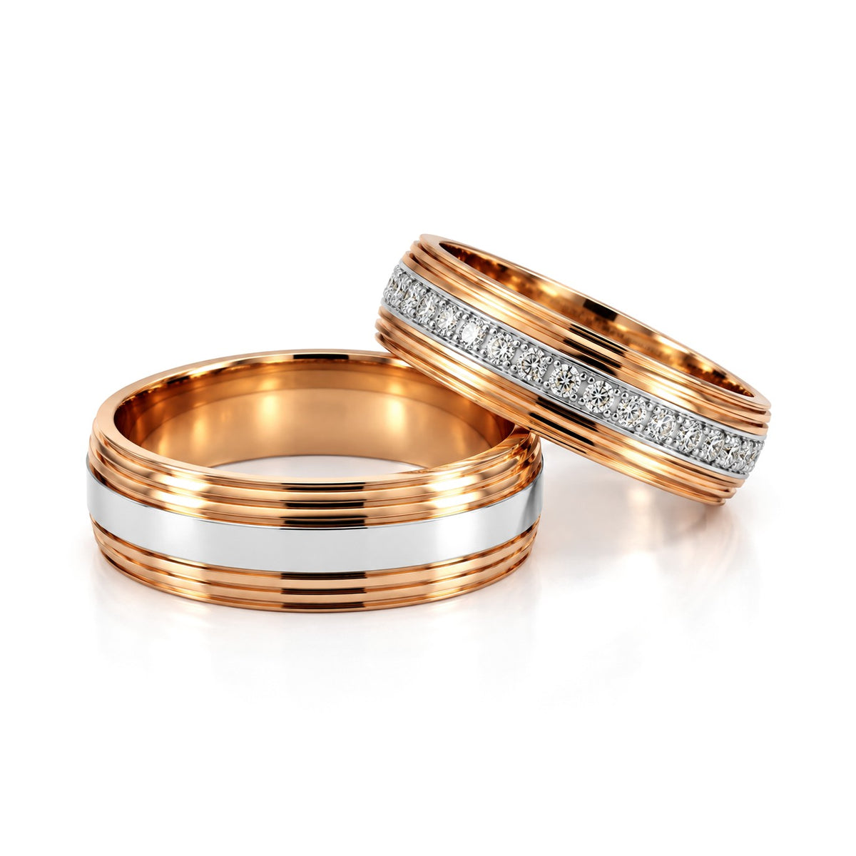 Grooved Rose Gold Diamond Wedding Band Set · Set