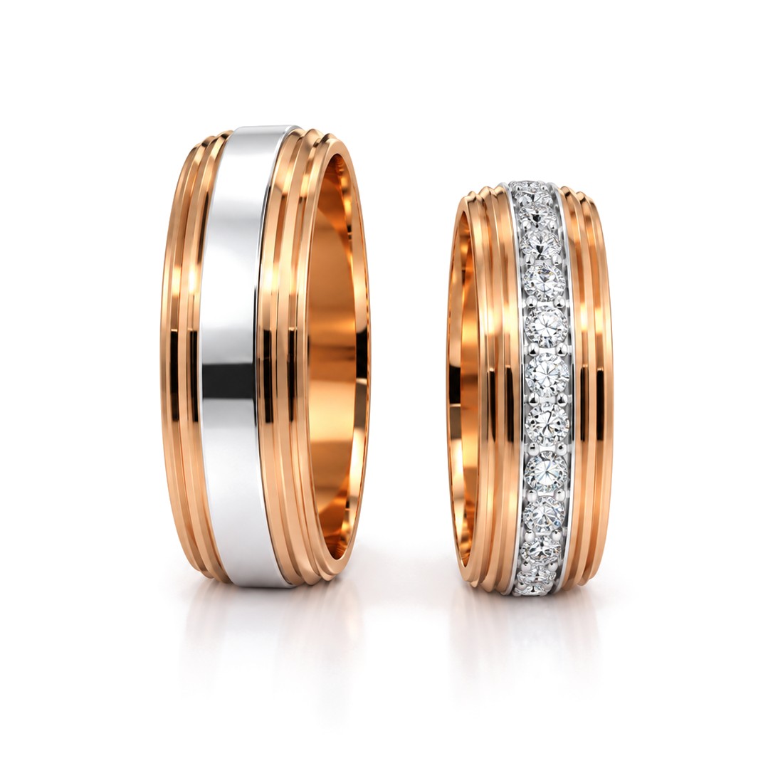 Grooved Rose Gold Diamond Wedding Band Set · Set