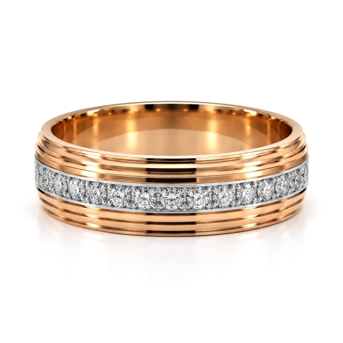 Grooved Rose Gold Diamond Wedding Band Set · Her Band
