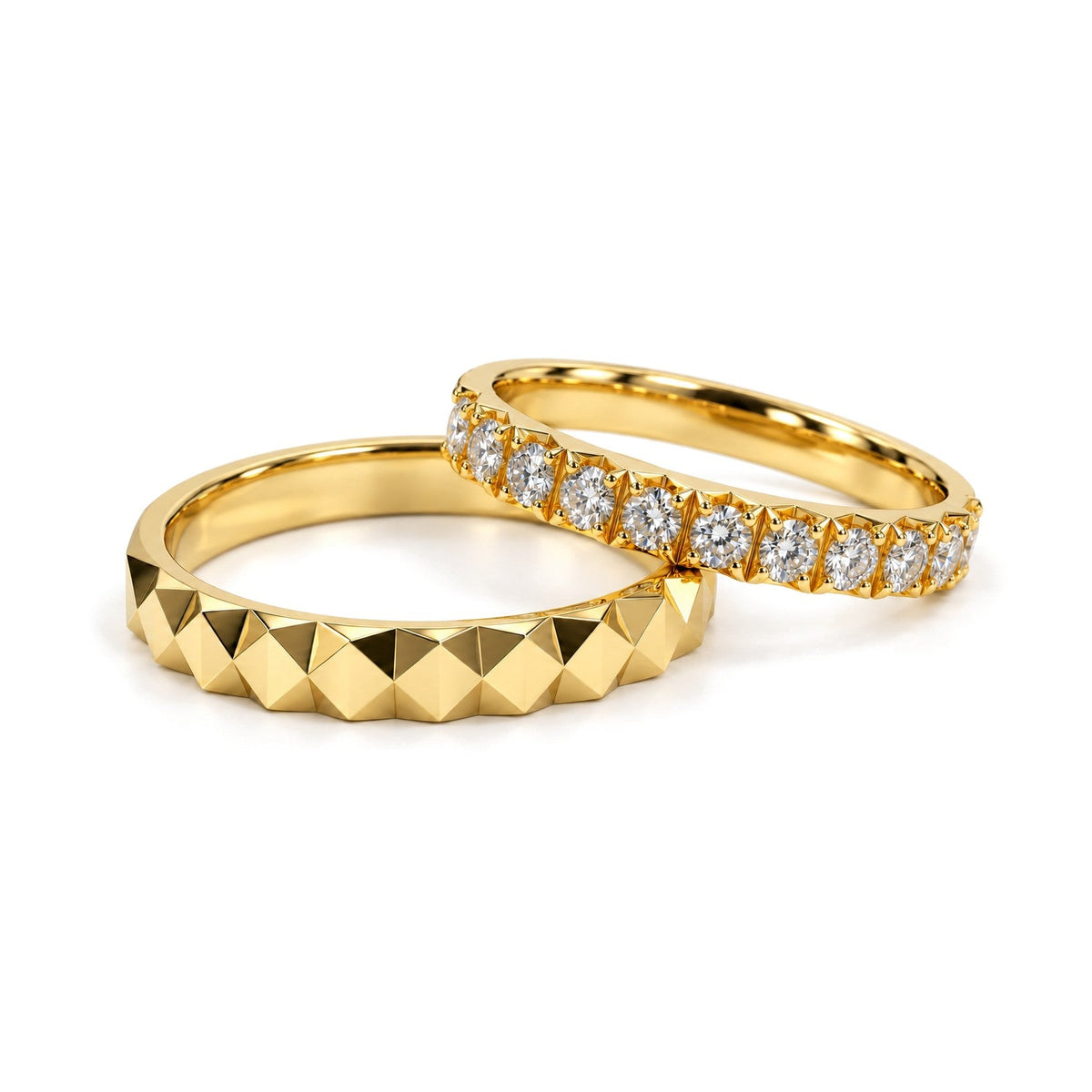 Pyramid Pattern Lab-Grown Diamond Wedding Band Set · Yellow Gold · Set