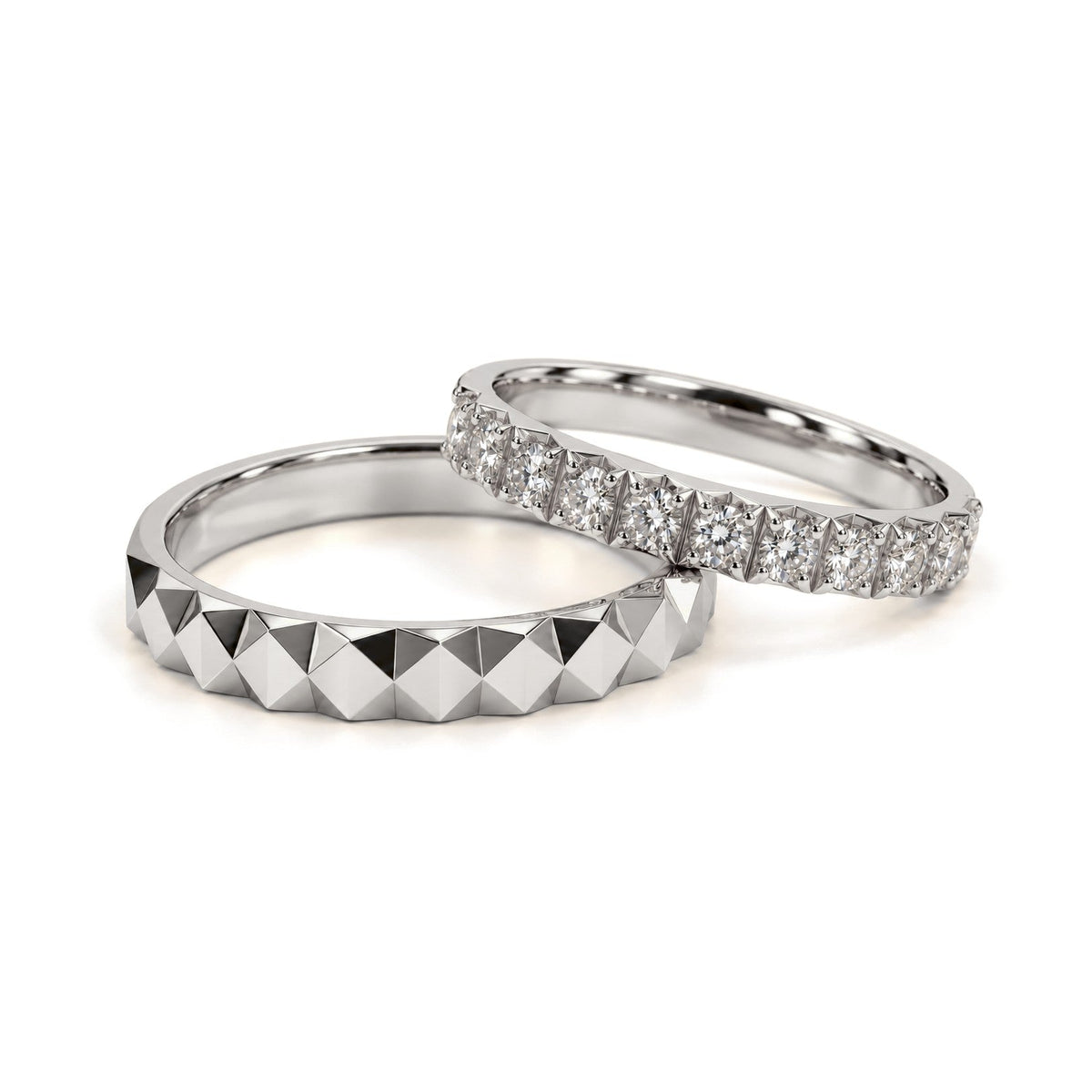 Pyramid Pattern Lab-Grown Diamond Wedding Band Set · White Gold · Set