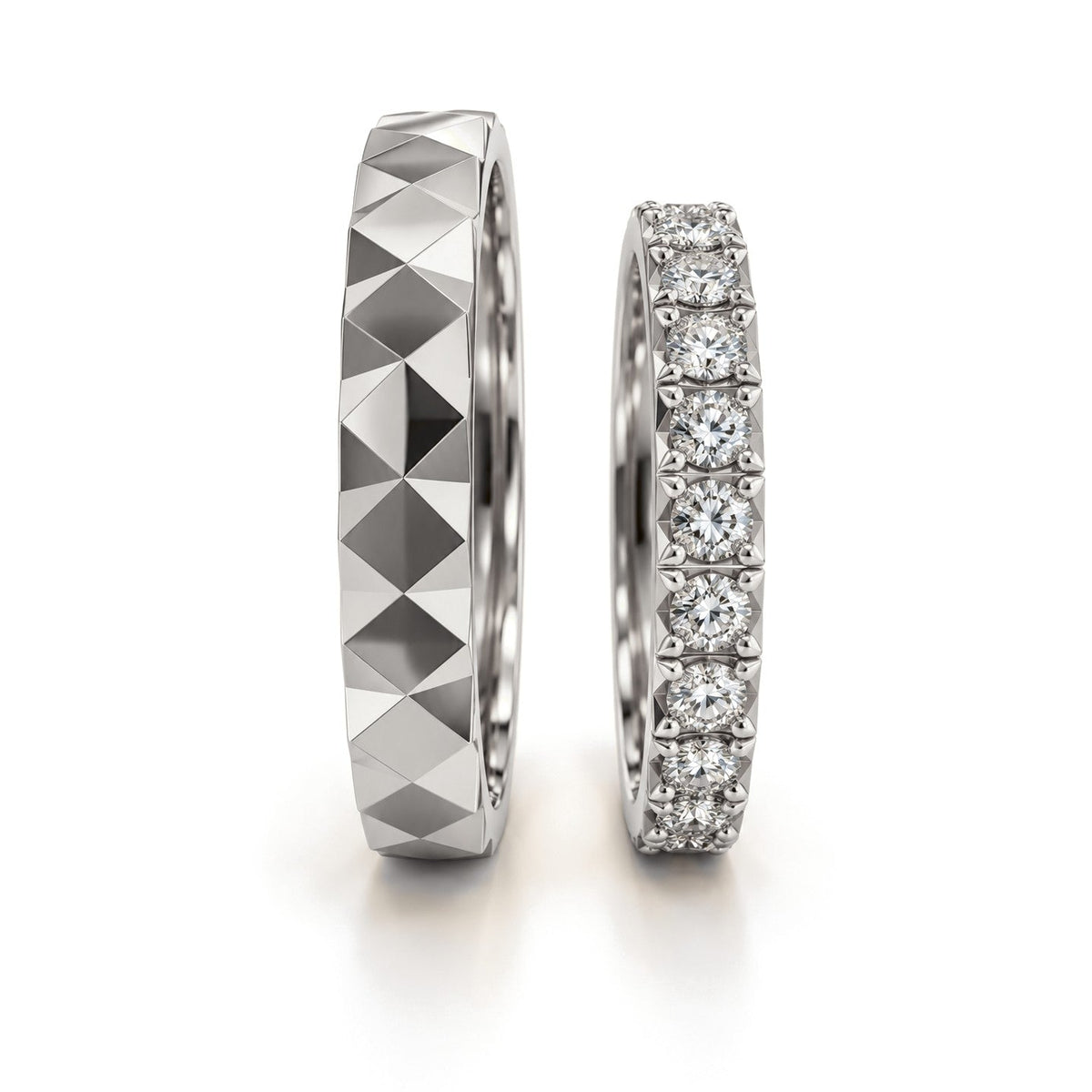 Pyramid Pattern Lab-Grown Diamond Wedding Band Set · White Gold · Set · Side View