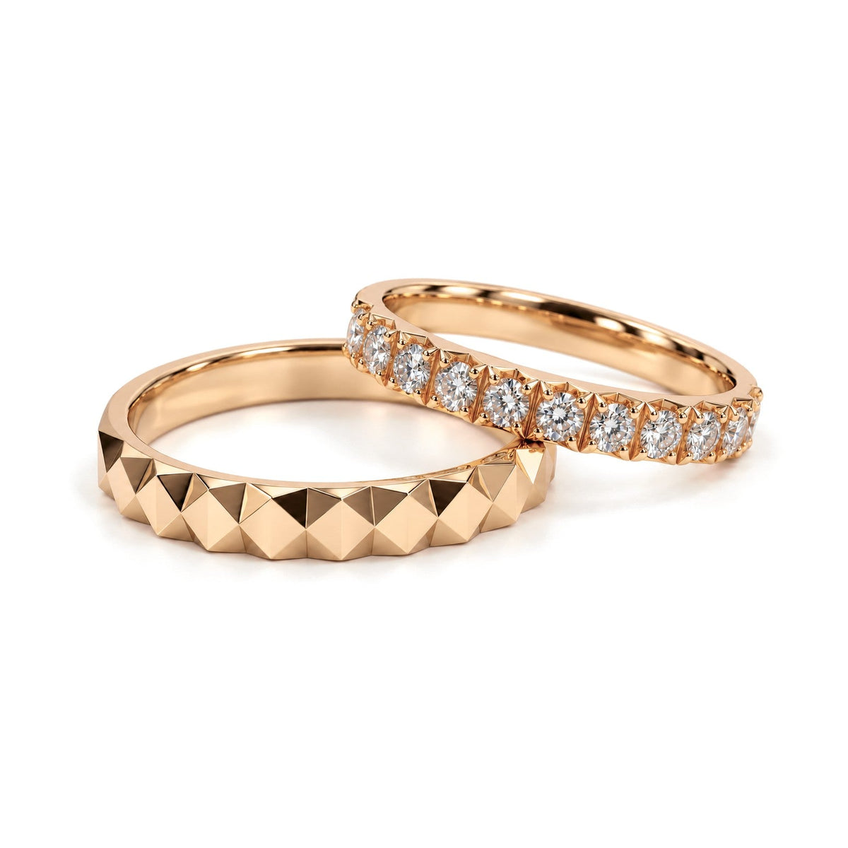 Pyramid Pattern Lab-Grown Diamond Wedding Band Set · Rose Gold · Set