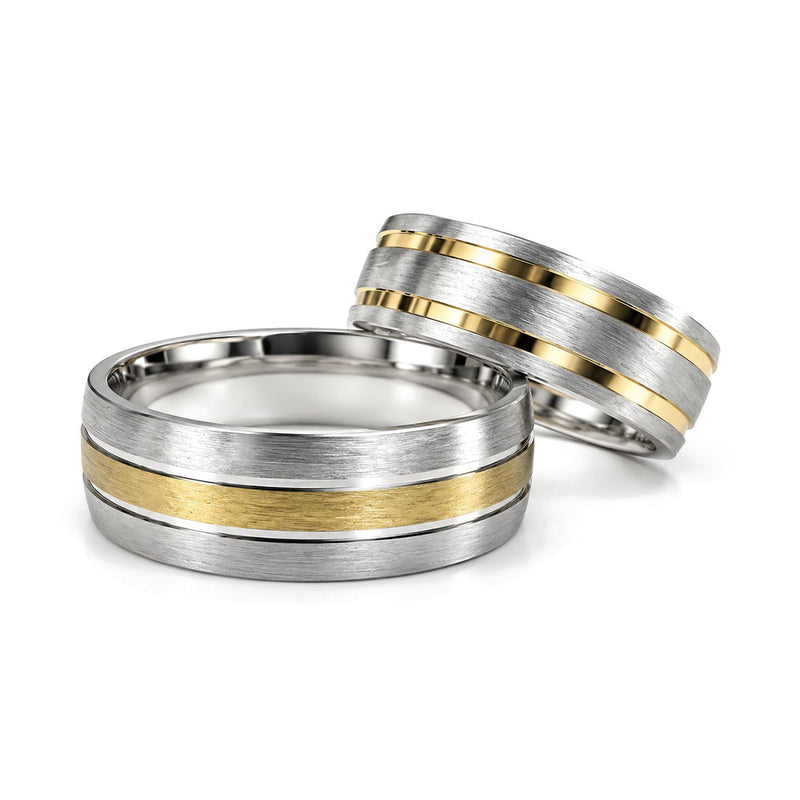 Yellow Pinstripe Brushed Gold Wedding Band Set · Set