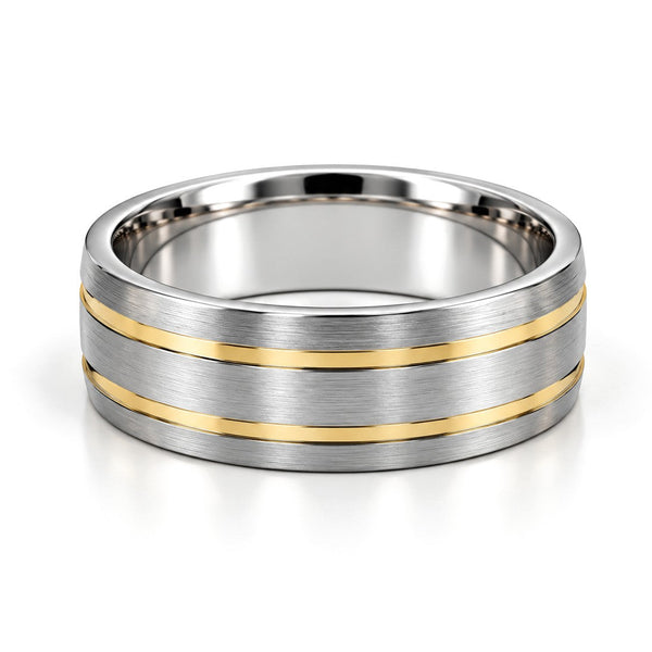 Yellow Pinstripe Brushed Gold Wedding Band Set · Her Band