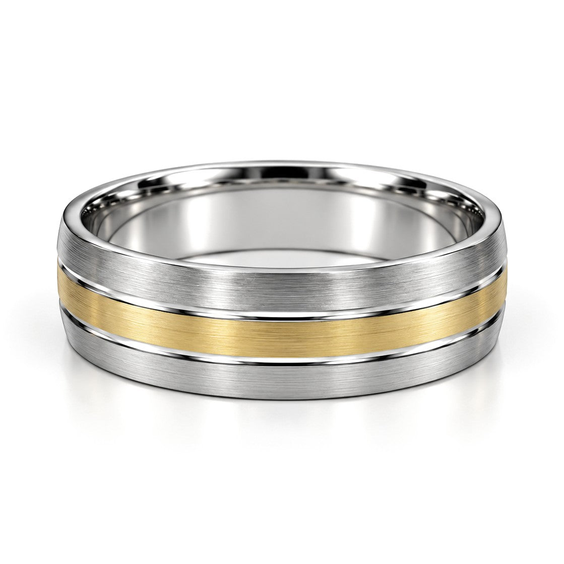 Yellow Pinstripe Brushed Gold Wedding Band Set · His Band