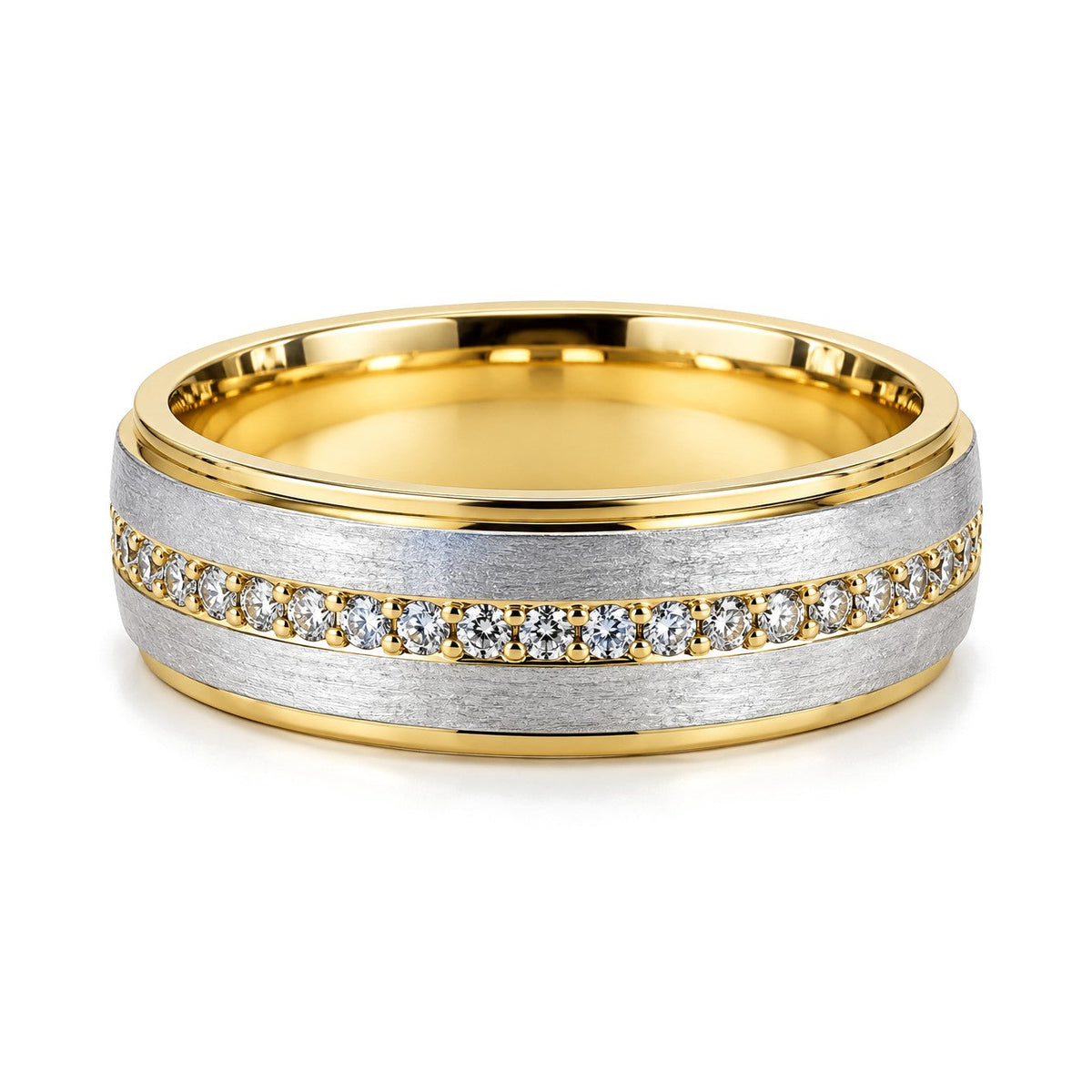 Yellow Edge Brushed Diamond Wedding Band Set · Her Band