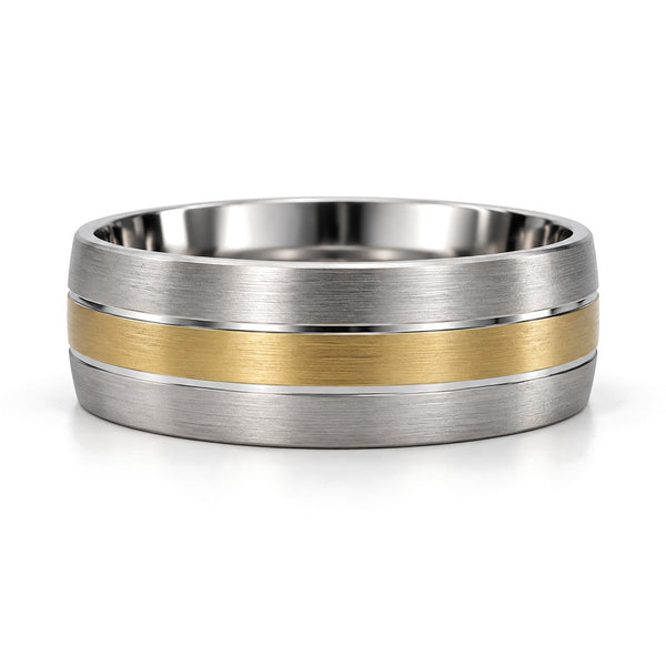 Yellow Center Brushed Gold Wedding Band Set · Her Band