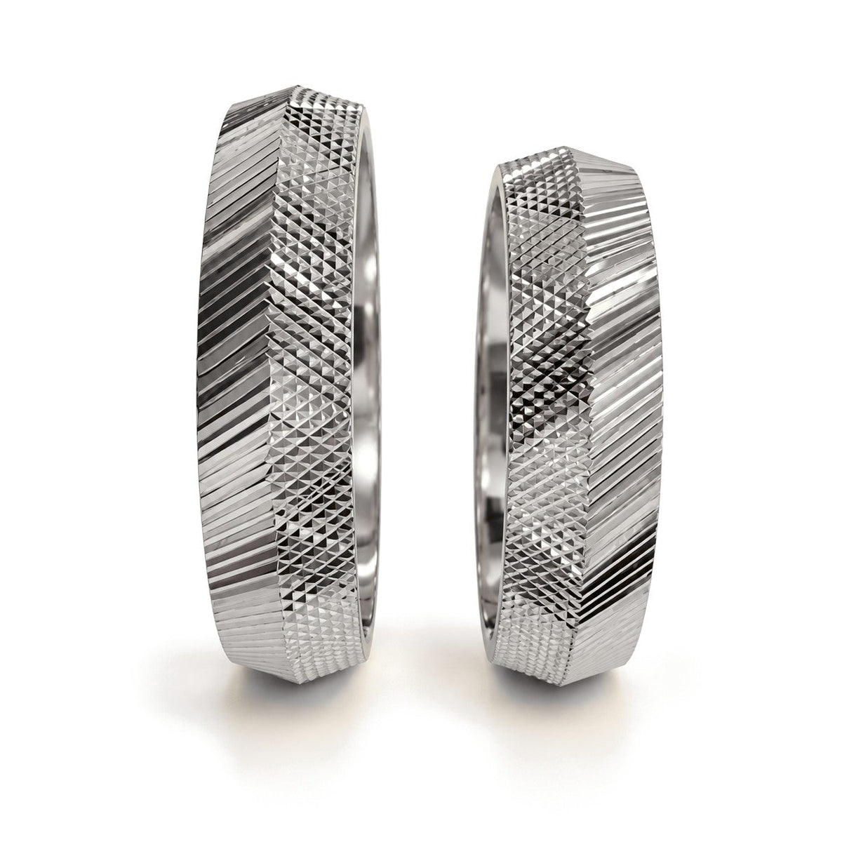 Knife Edge Textured Gold Wedding Band Set · White Gold · Set · Side View