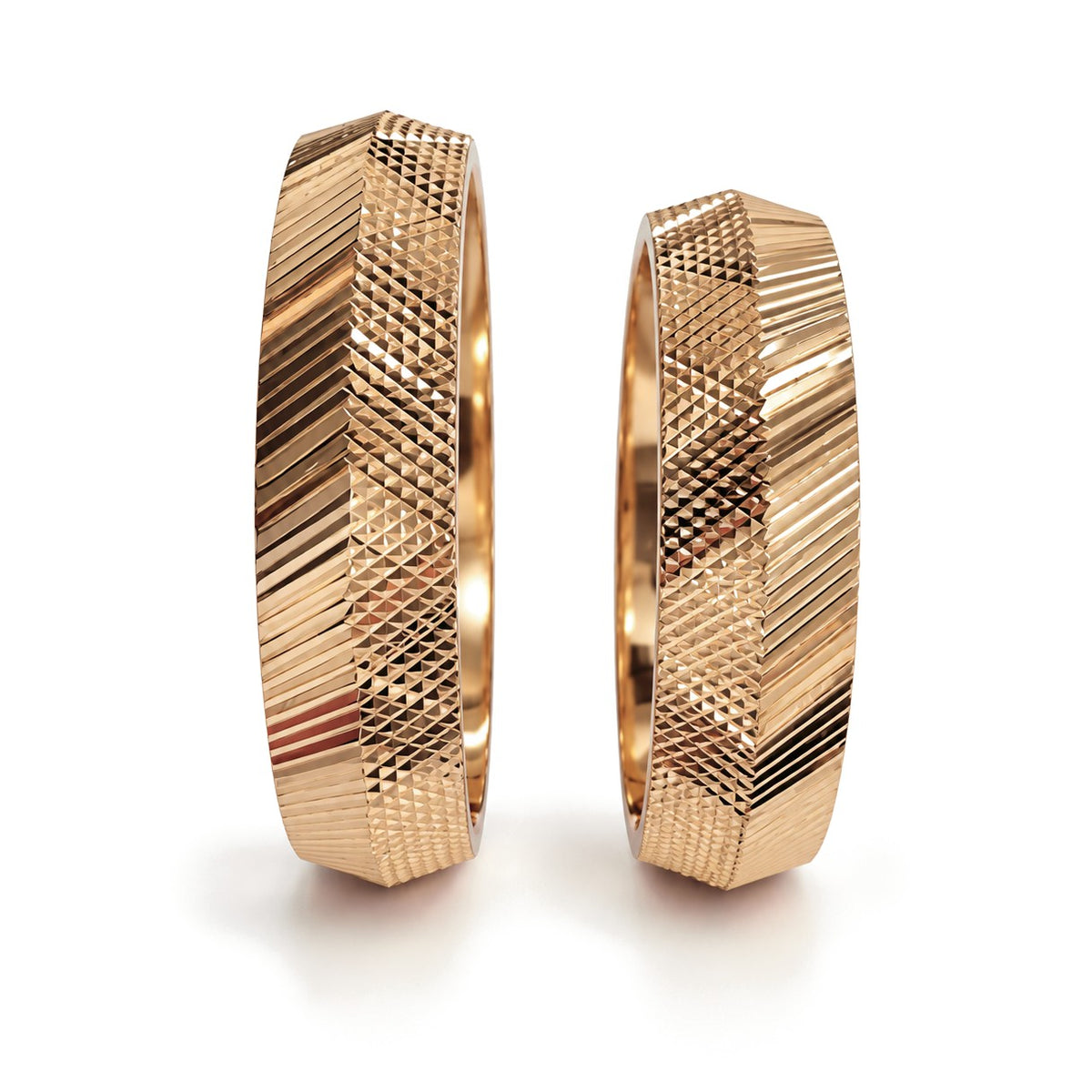 Knife Edge Textured Gold Wedding Band Set · Rose Gold · Set · Side View