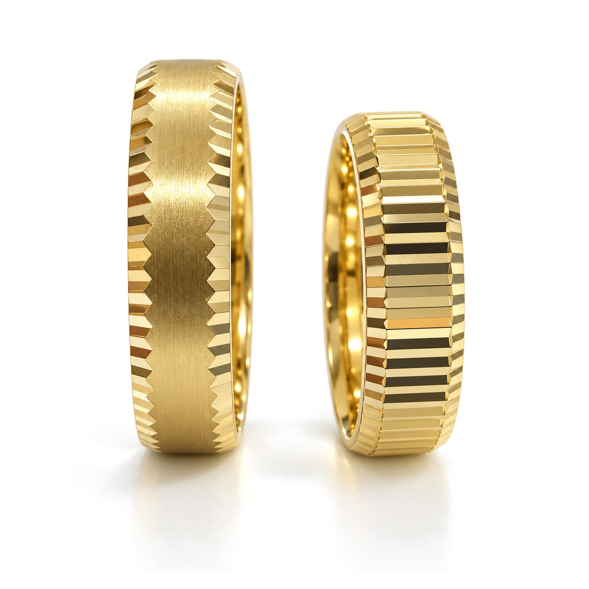Notched Edge Gold Wedding Band Set · Yellow Gold · Set · Side View