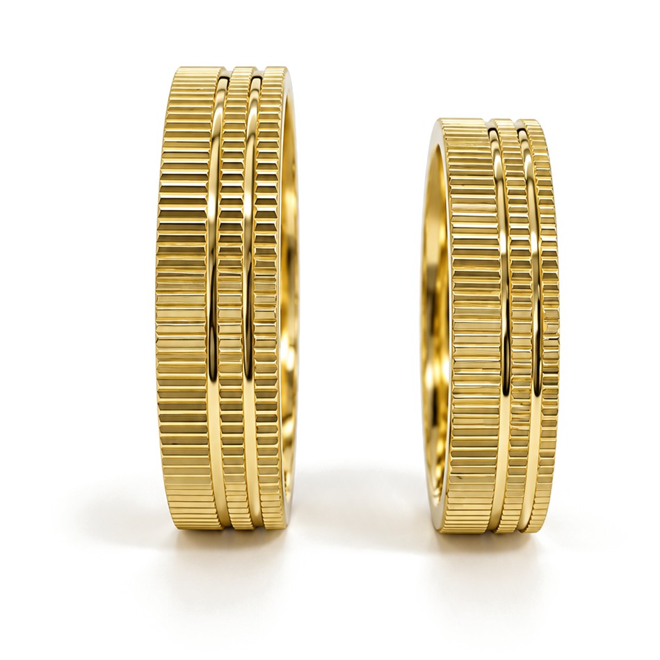 Triple Row Ribbed Gold Wedding Band Set · Yellow Gold · Set · Side View