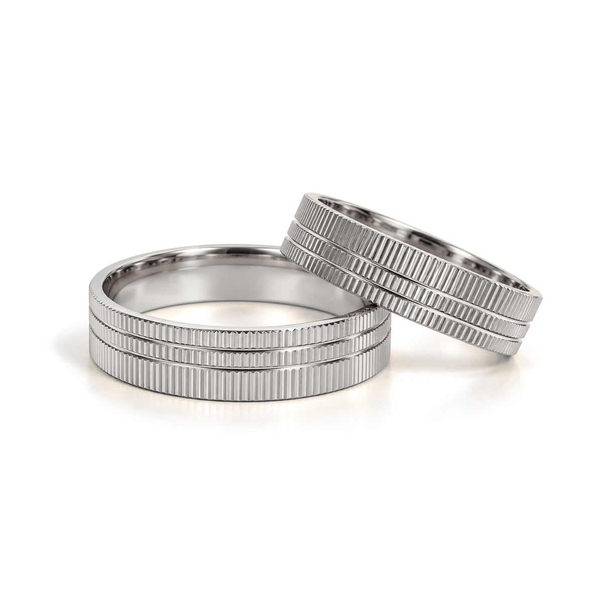 Triple Row Ribbed Gold Wedding Band Set · White Gold · Set