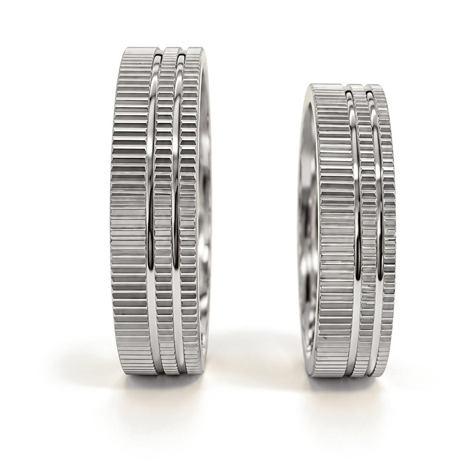 Triple Row Ribbed Gold Wedding Band Set · White Gold · Set · Side View