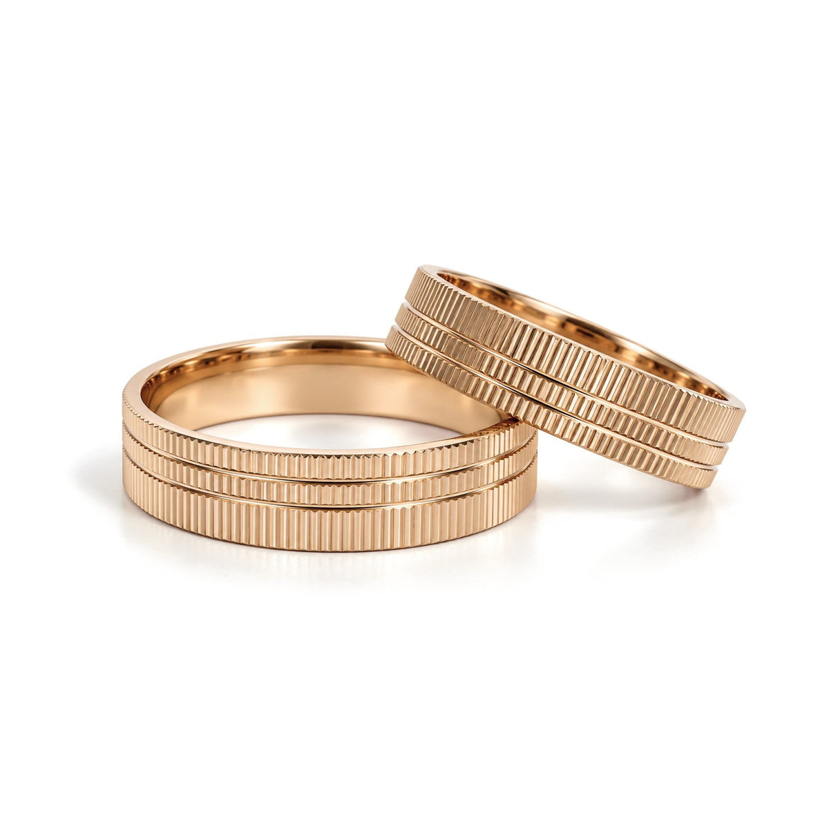 Triple Row Ribbed Gold Wedding Band Set · Rose Gold · Set