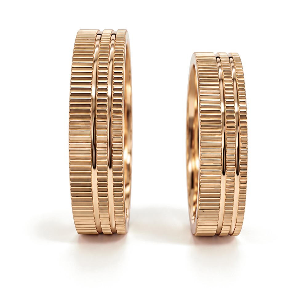 Triple Row Ribbed Gold Wedding Band Set · Rose Gold · Set · Side View