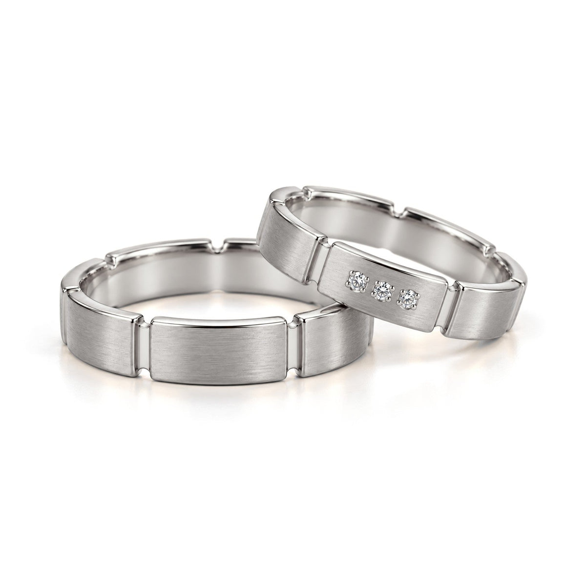 Three-Stone Segmented Lab-Grown Diamond Wedding Band Set · White Gold · Set